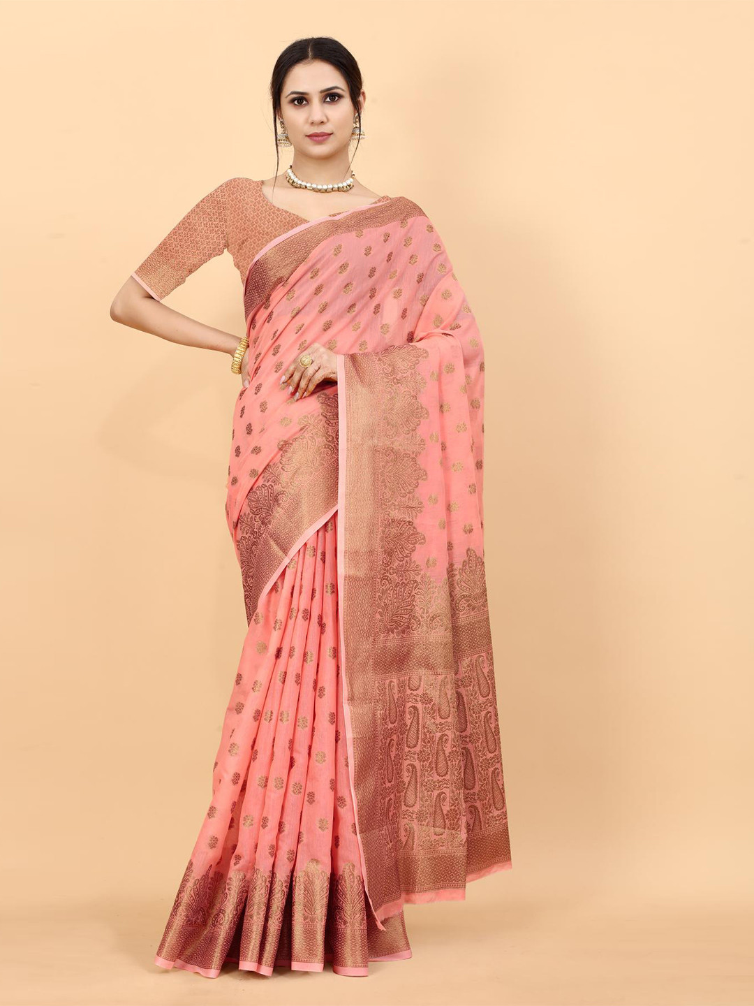 

NIKCHI HUB Ethnic Motifs Woven Design Zari Tussar Saree, Orange
