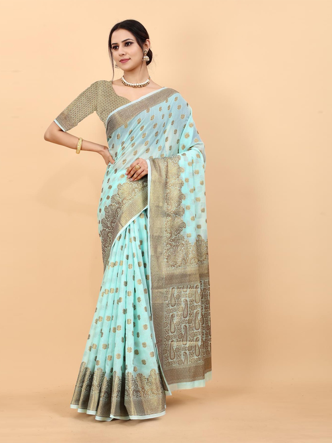 

NIKCHI HUB Ethnic Motifs Woven Design Zari Tussar Saree, Turquoise blue