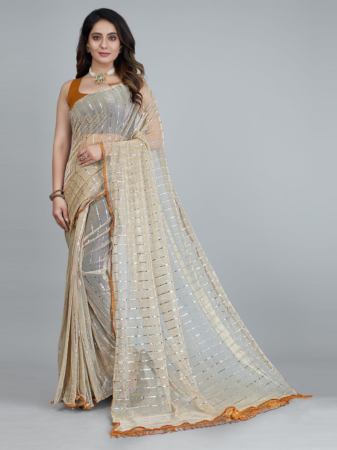 

NIKCHI HUB Striped Embellished Sequinned Saree, Yellow