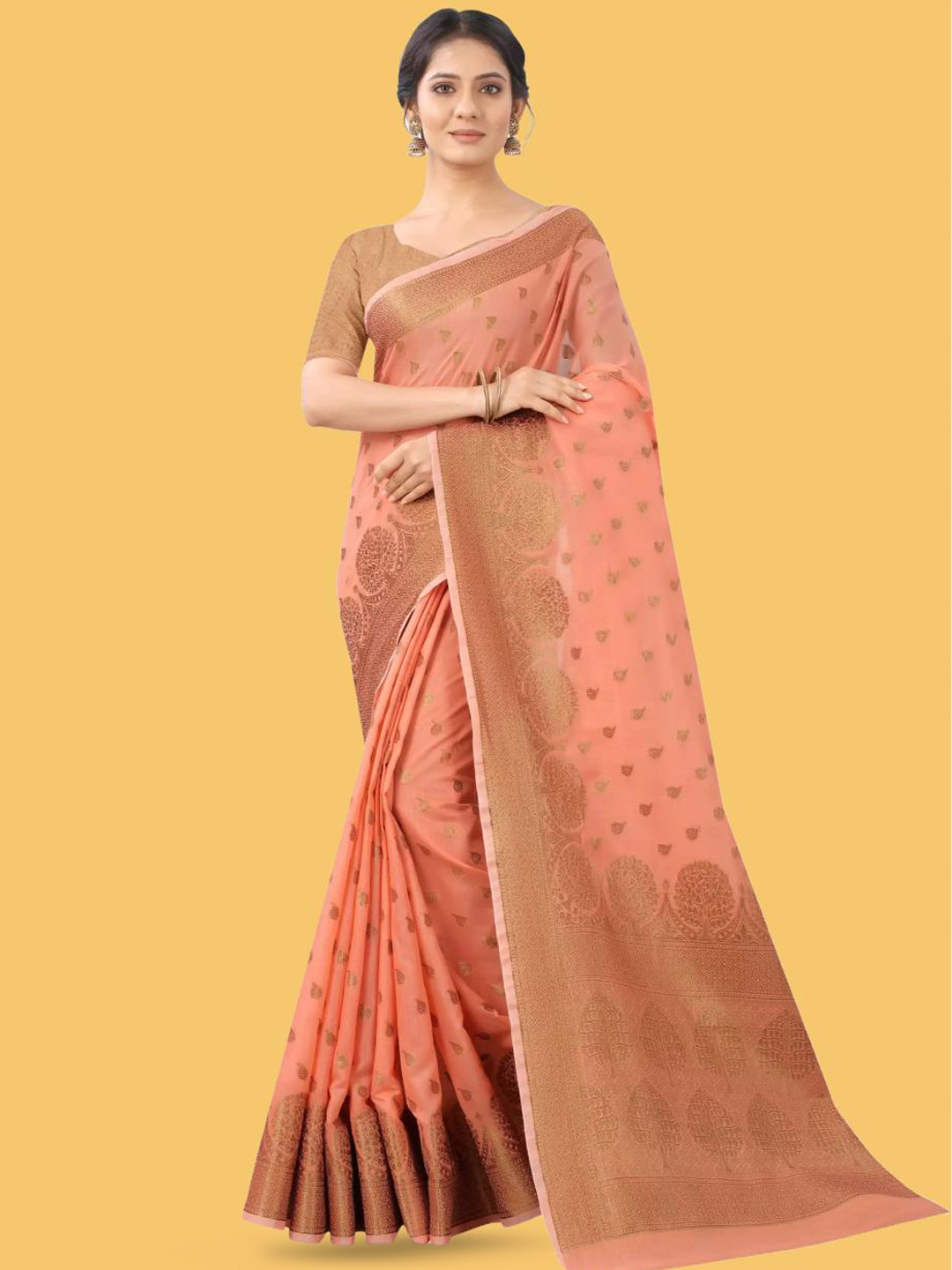

NIKCHI HUB Ethnic Motifs Woven Design Zari Tussar Saree, Orange