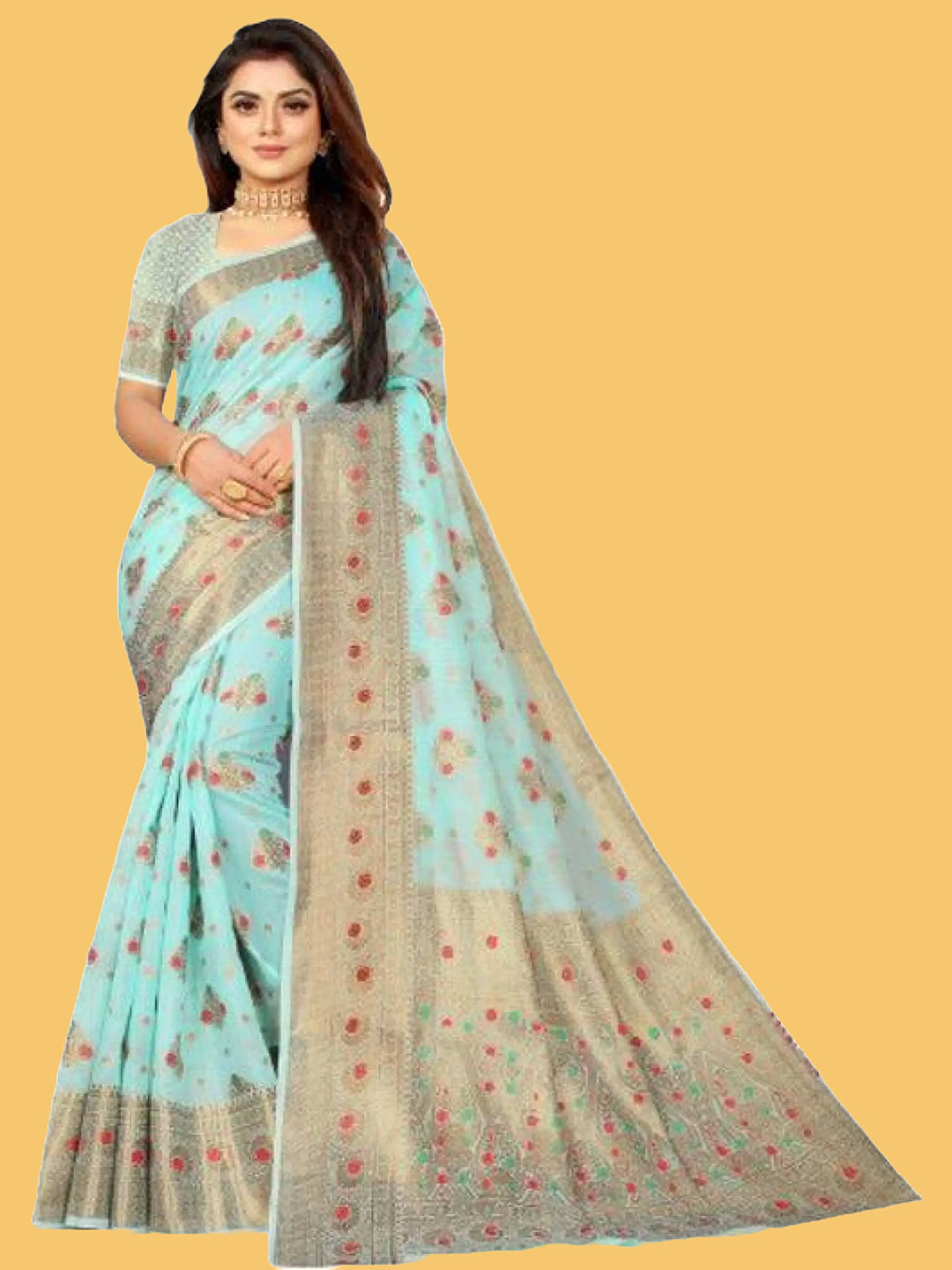 

NIKCHI HUB Ethnic Motifs Woven Design Zari Silk Cotton Tussar Saree, Turquoise blue