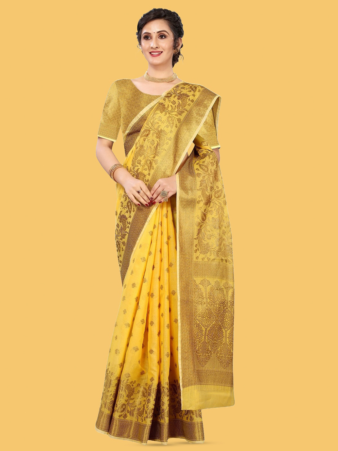 

NIKCHI HUB Ethnic Motifs Woven Design Zari Silk Cotton Tussar Saree, Yellow