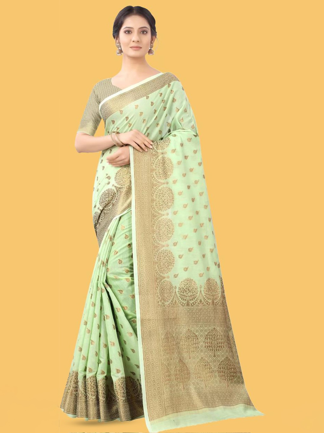 

NIKCHI HUB Ethnic Motifs Woven Design Zari Silk Cotton Tussar Saree, Green