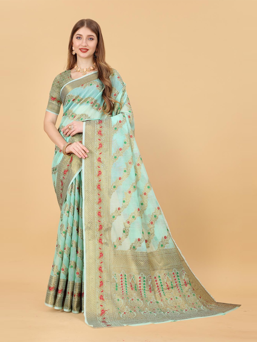 

NIKCHI HUB Ethnic Motifs Woven Design Zari Silk Cotton Tussar Saree, Turquoise blue