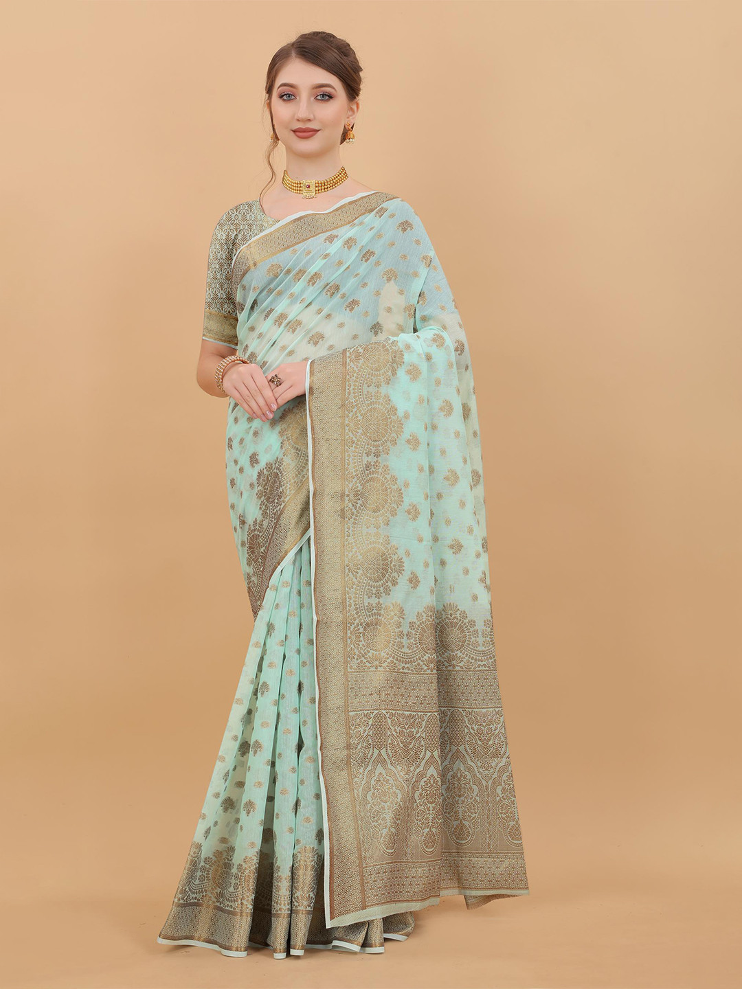 

NIKCHI HUB Ethnic Motifs Woven Design Zari Silk Cotton Tussar Saree, Turquoise blue