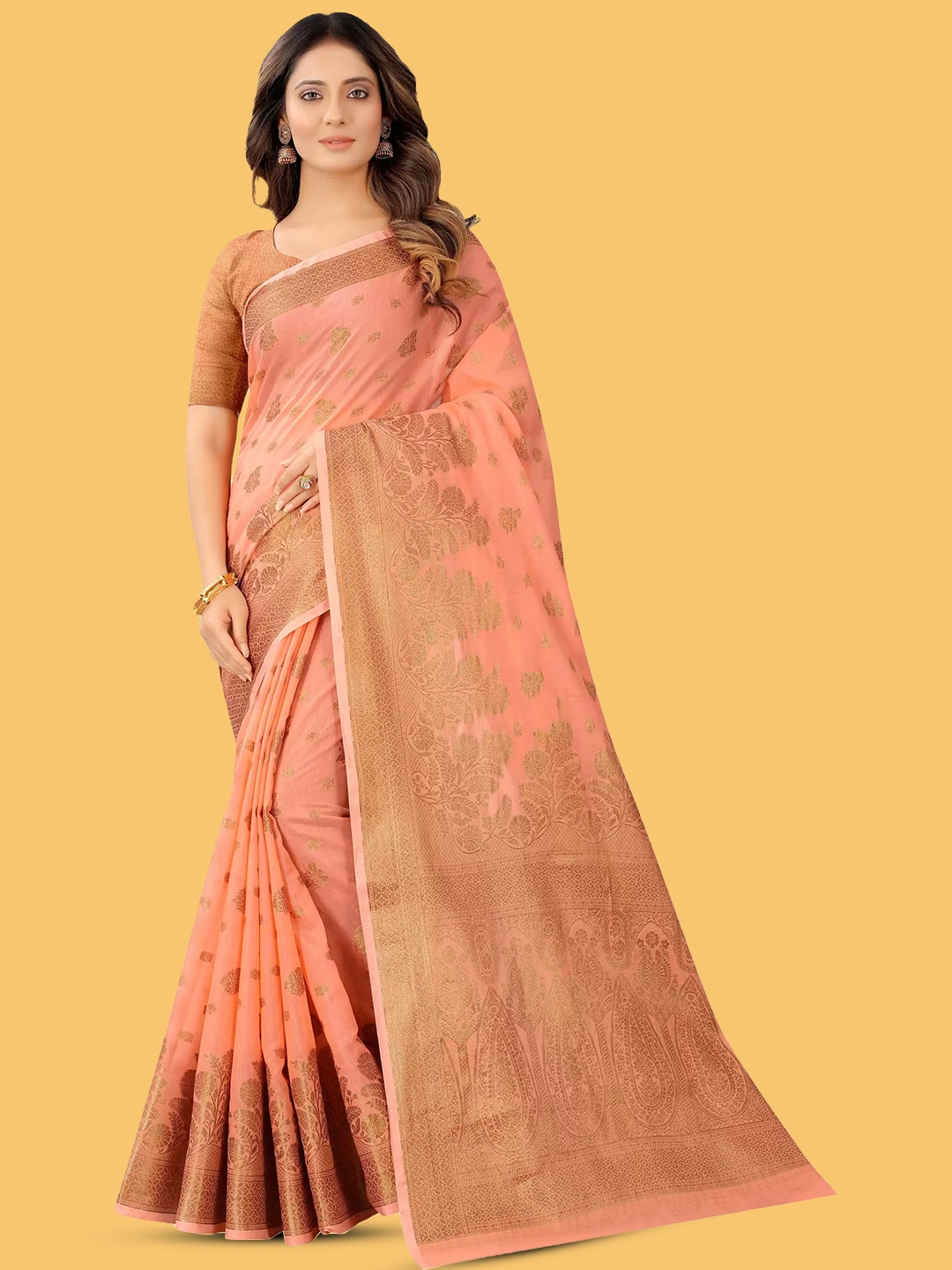 

NIKCHI HUB Ethnic Motifs Woven Design Zari Silk Cotton Tussar Saree, Pink