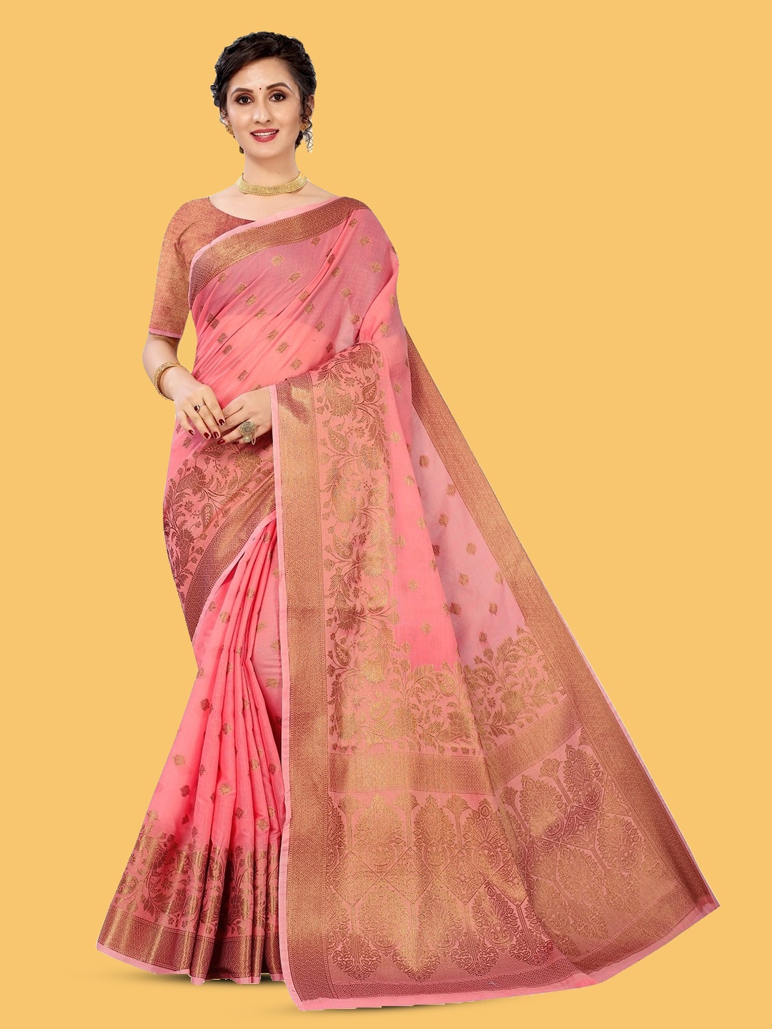 

NIKCHI HUB Ethnic Motifs Woven Design Zari Silk Cotton Tussar Saree, Pink