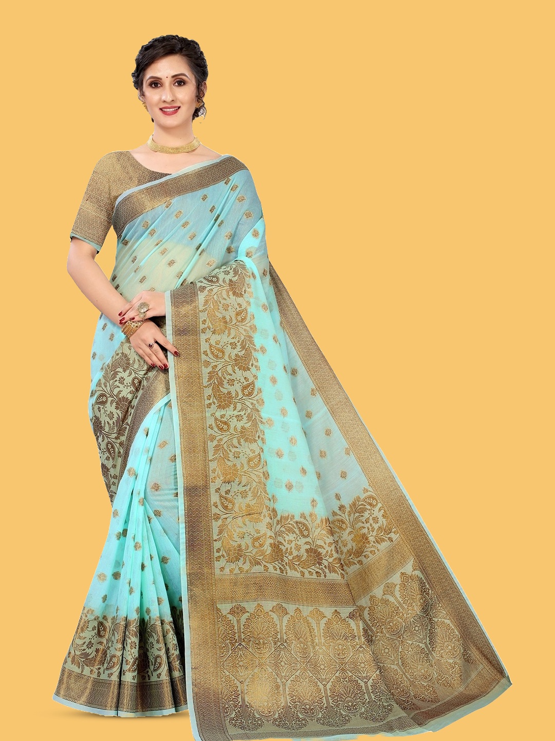 

NIKCHI HUB Ethnic Motifs Woven Design Zari Silk Cotton Tussar Saree, Turquoise blue
