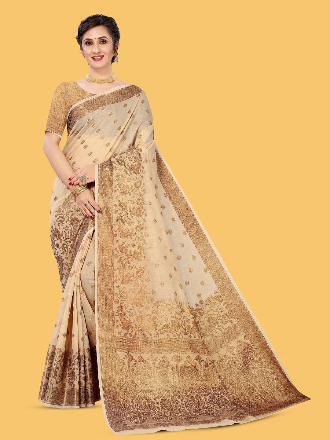

NIKCHI HUB Ethnic Motifs Woven Design Zari Silk Cotton Tussar Saree, Cream