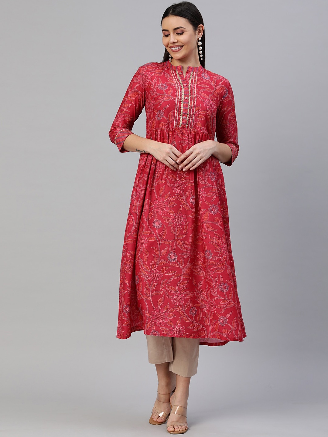 

KAMI KUBI Floral Printed Mandarin Collar Anarkali Kurta, Red