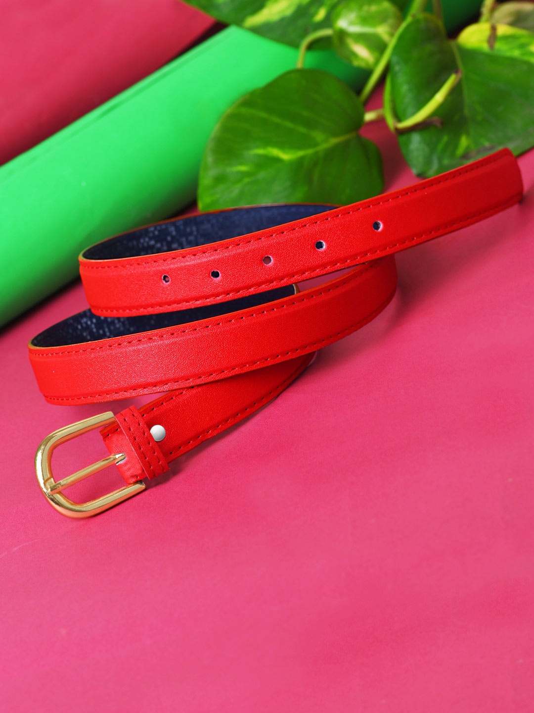 

DressBerry Women Red PU Slim Belt
