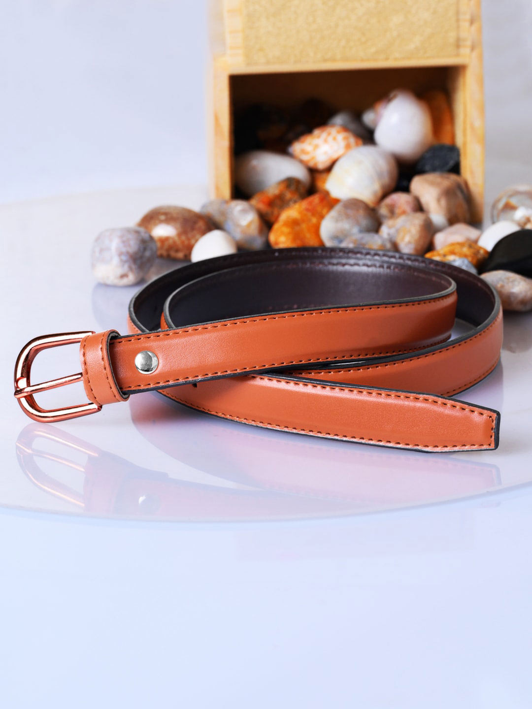 

DressBerry Women Tan PU Slim Belt