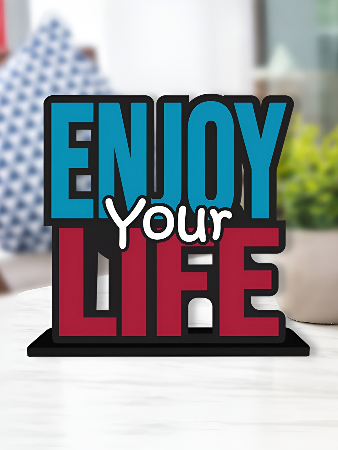 

ArtVibes Blue & Red Quote Printed Wooden Table Showpiece