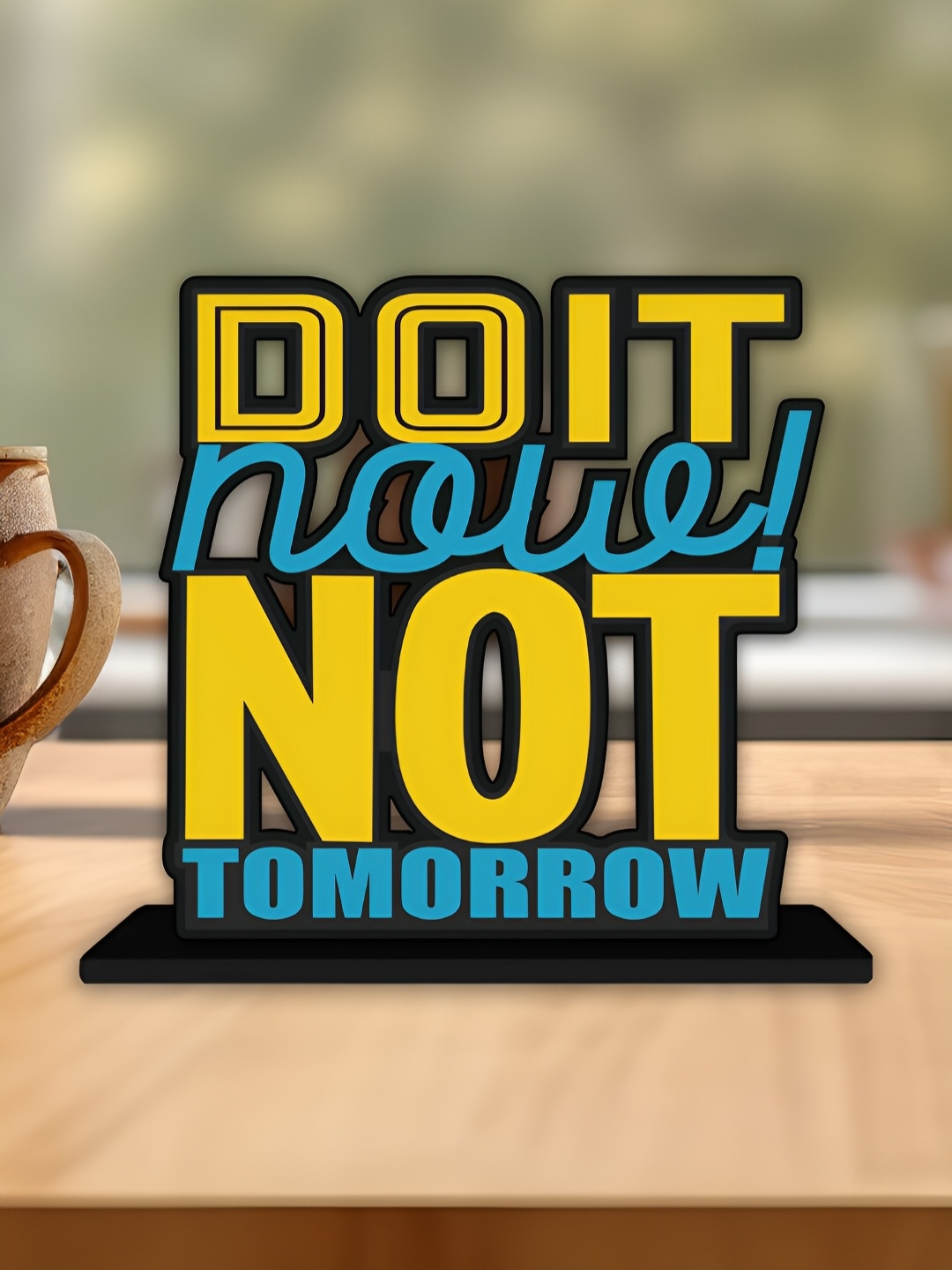 

ArtVibes Yellow & Blue Quote Printed Wooden Table Showpiece