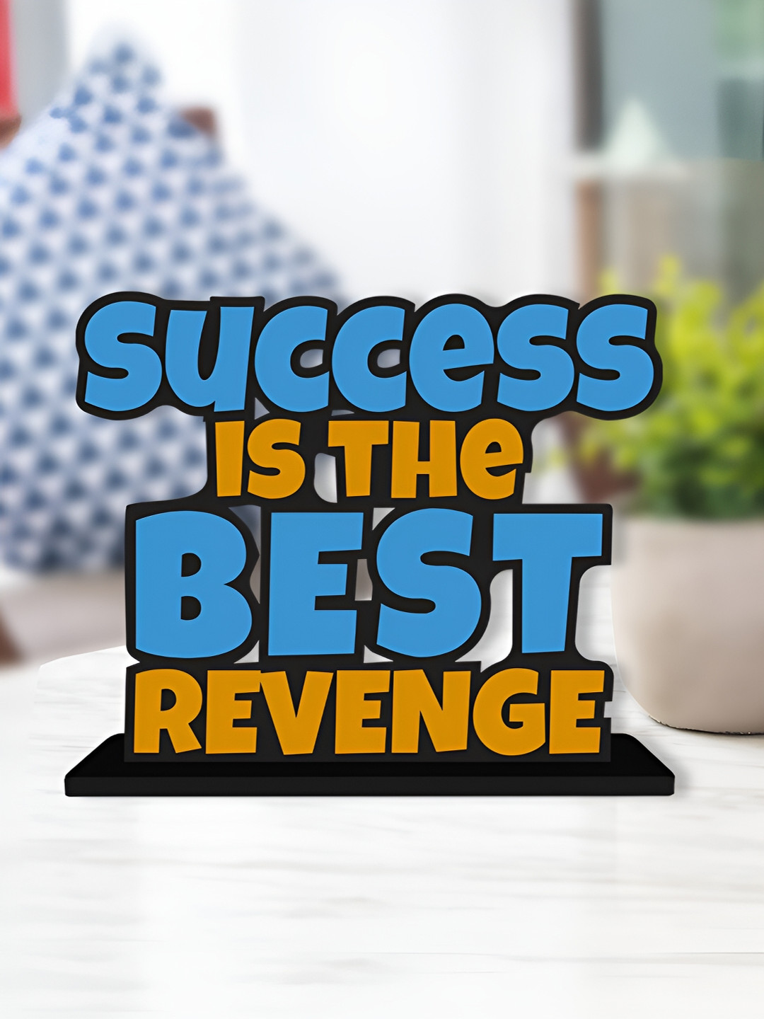 

ArtVibes Blue & Yellow Quote Printed Wooden Table Showpiece