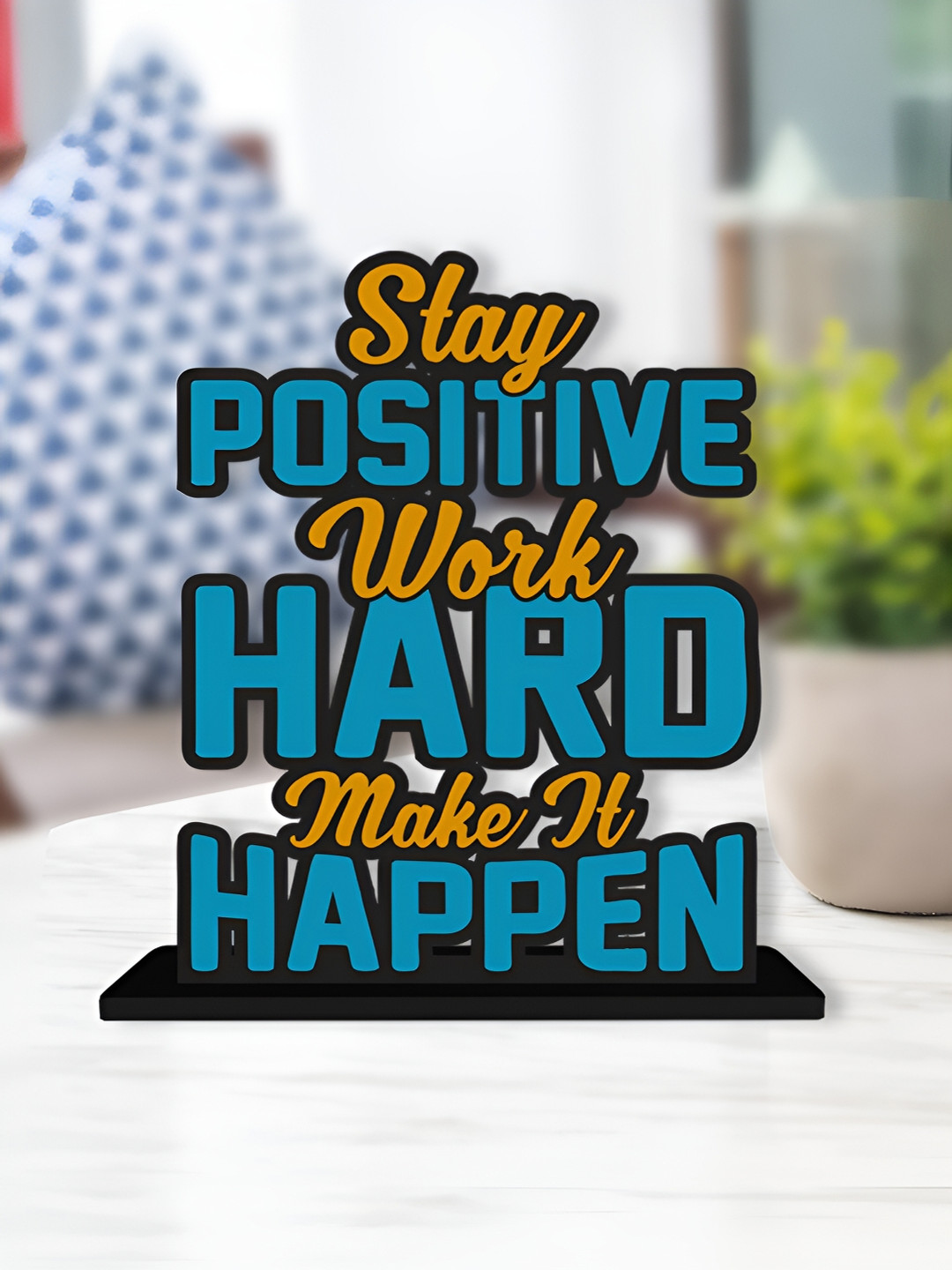 

ArtVibes Yellow & Blue Quote Printed Wooden Table Showpiece