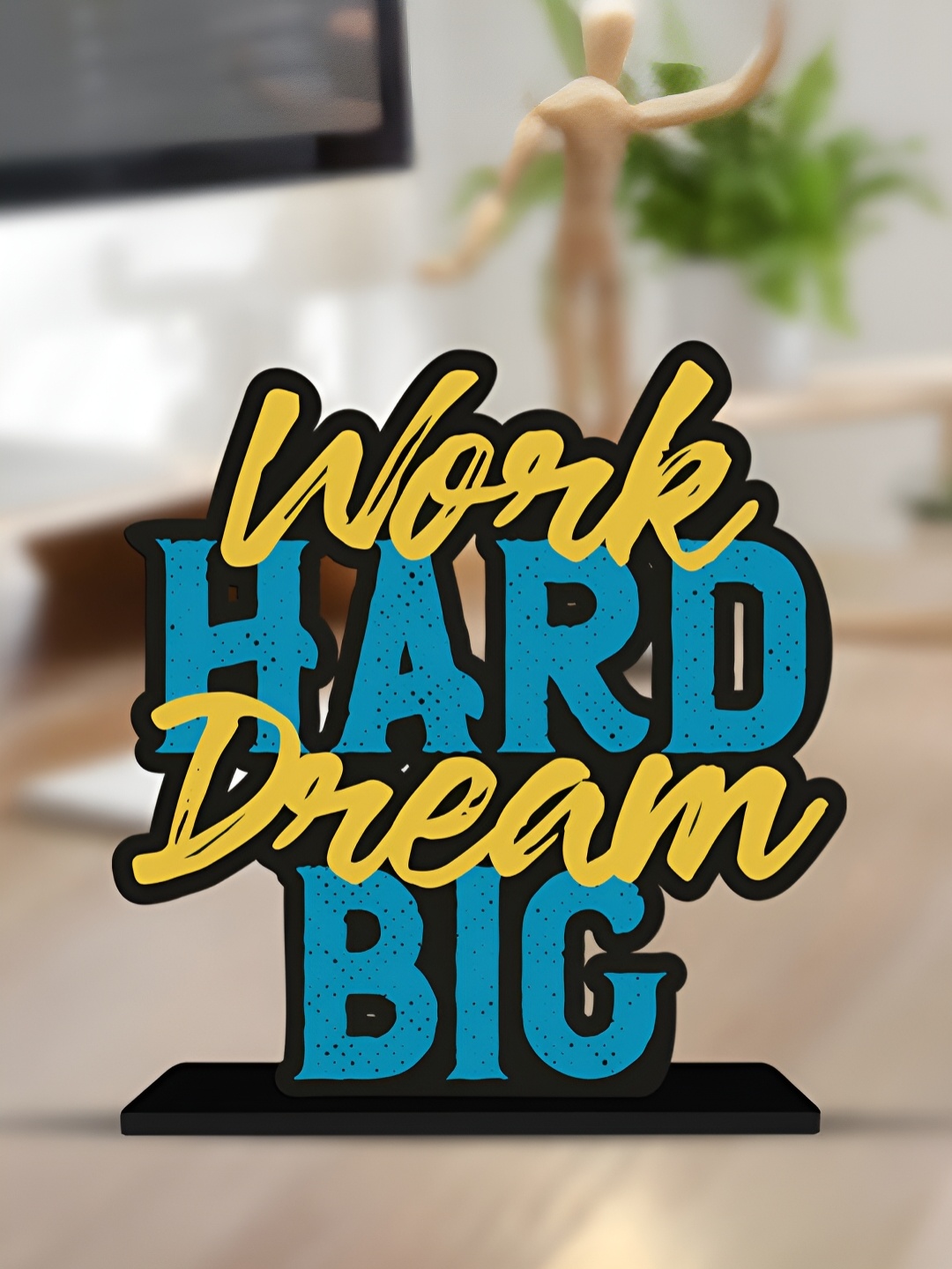

ArtVibes Yellow & Blue Quote Printed Wooden Table Showpiece