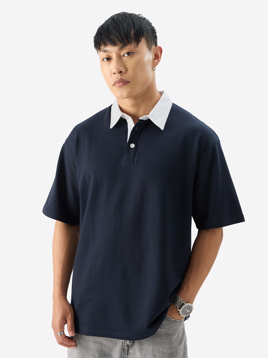 

The Souled Store Short Sleeves Cotton Polo Collar T-shirt, Navy blue