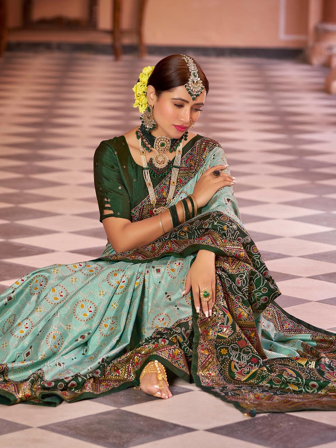 

Satrani Ethnic Motifs Zari Art Silk Sambalpuri Saree, Green