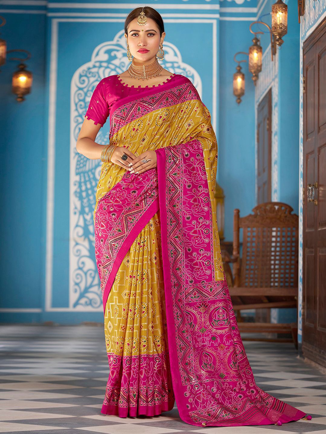 

Satrani Mustrad & Pink Ethnic Motifs Printed Sambalpuri Saree, Mustard