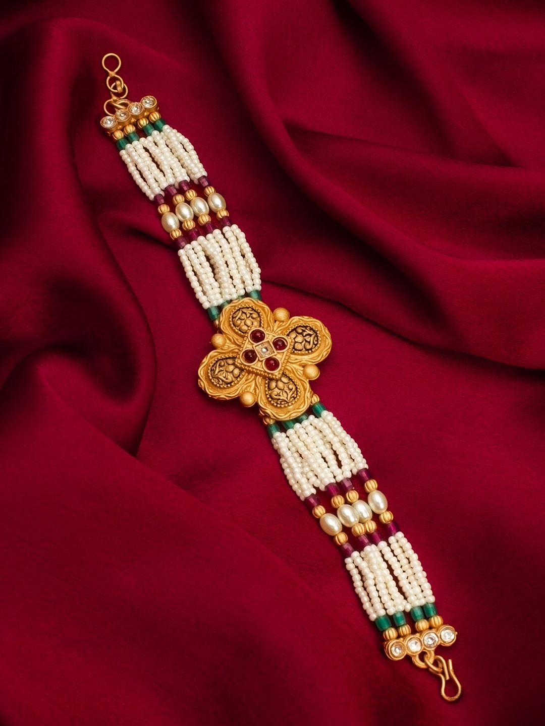 

aadita Women Gold-Plated Artificial Stones-Studded & Beaded Wraparound Bracelet