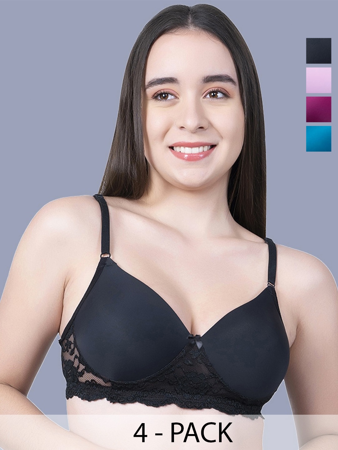 

Herryqeal Pack Of 4 Medium Coverage Underwired Lightly Padded Bra, Black