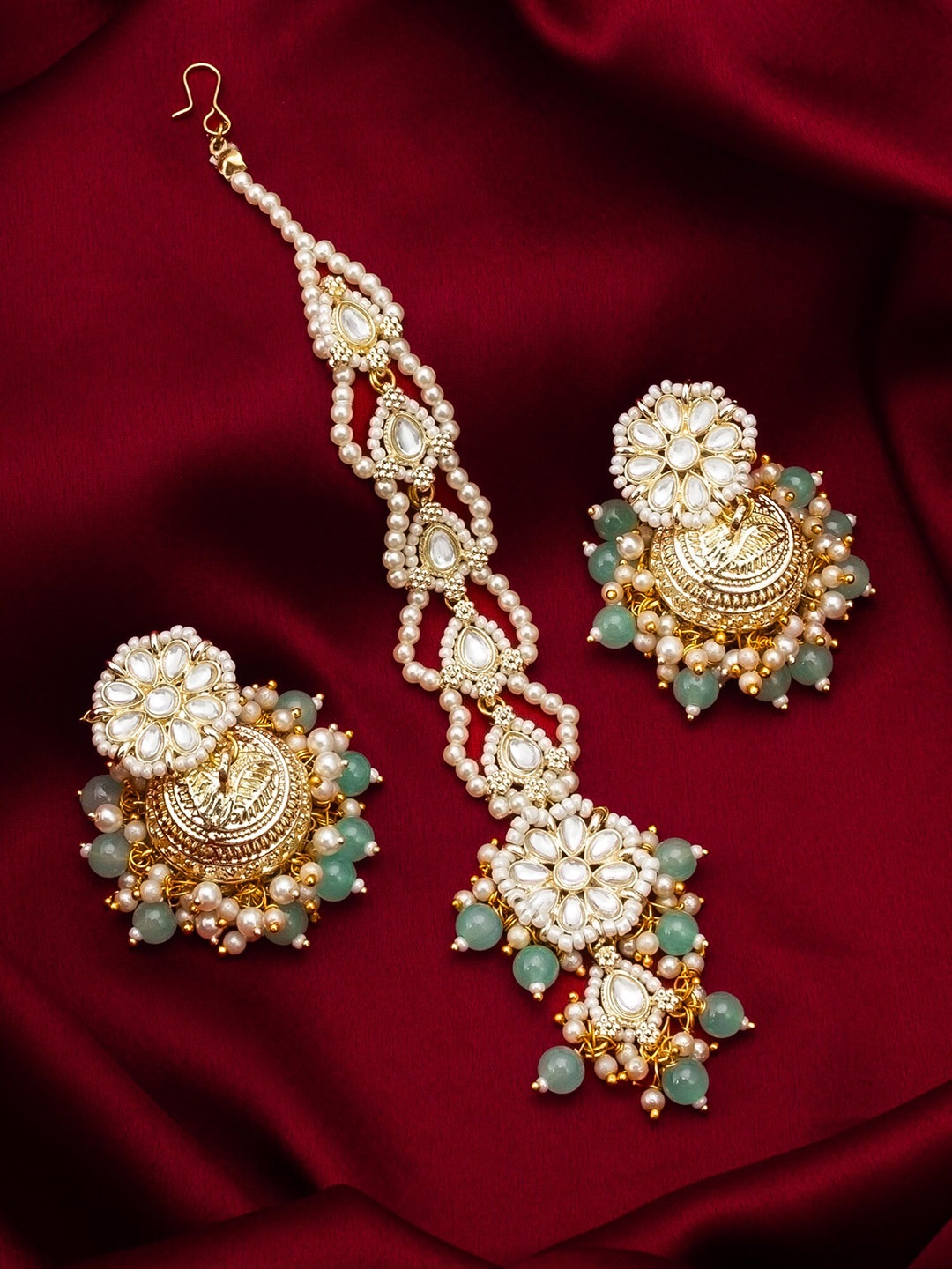 

aadita Stone-Studded & Beaded Maang Tika & Earrings, Gold