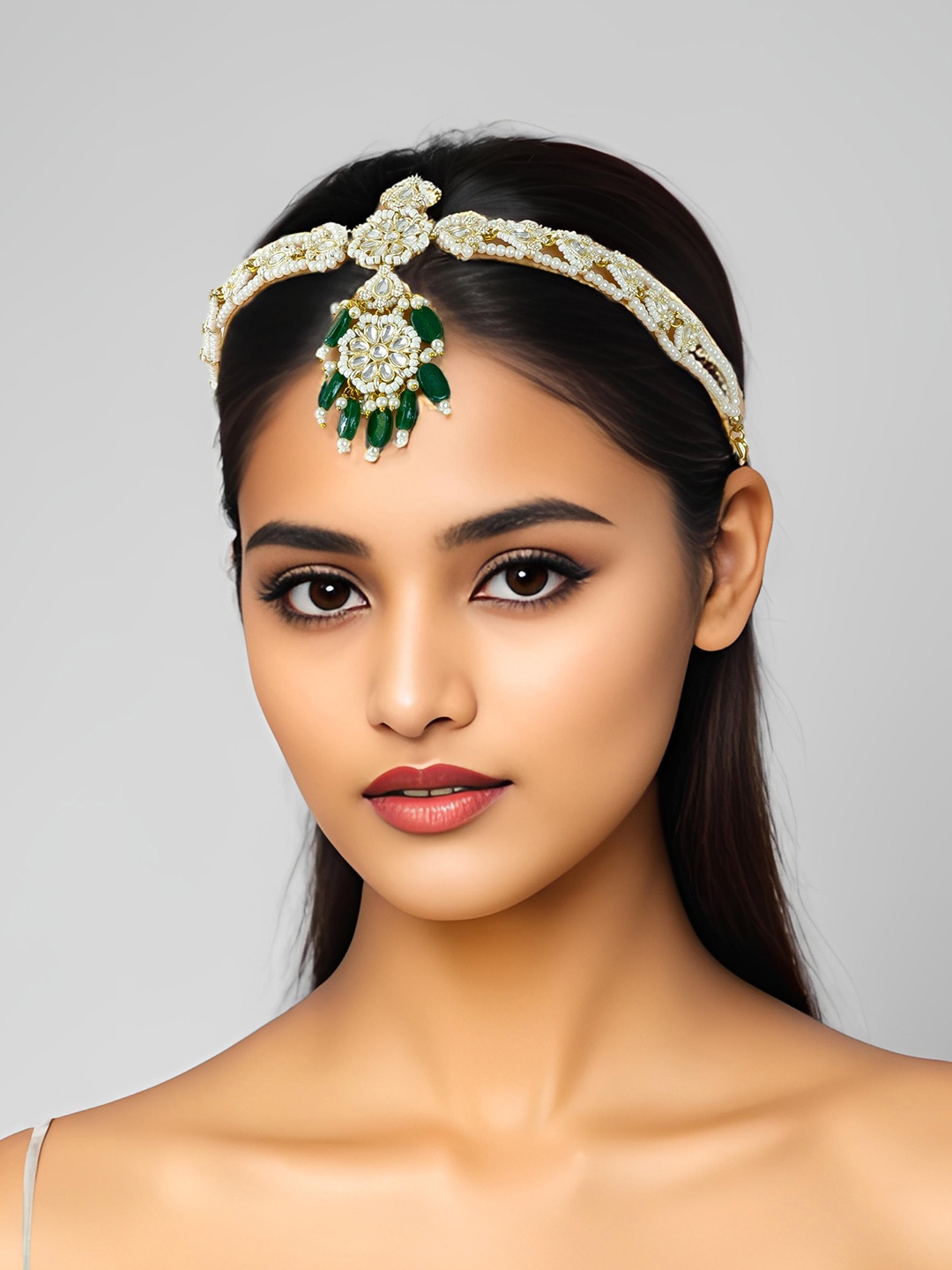 

aadita Gold Plated Stones-Studded & Beaded Layered Matha Patti