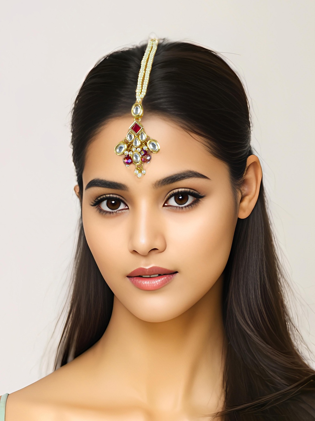 

aadita Gold-Plated Stone-Studded & Beaded Maang Tikka