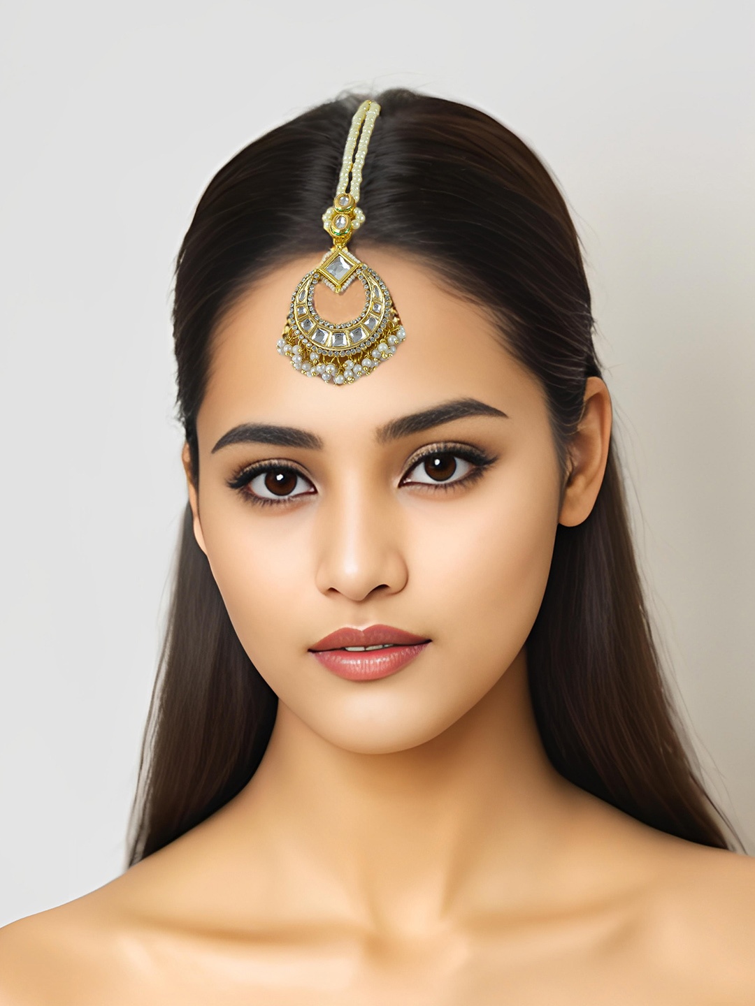 

aadita Gold-Plated Stone-Studded & Beaded Maang Tikka