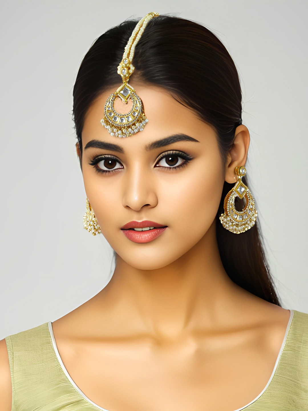 

aadita Stone-Studded & Beaded Maang Tika & Earrings, Gold