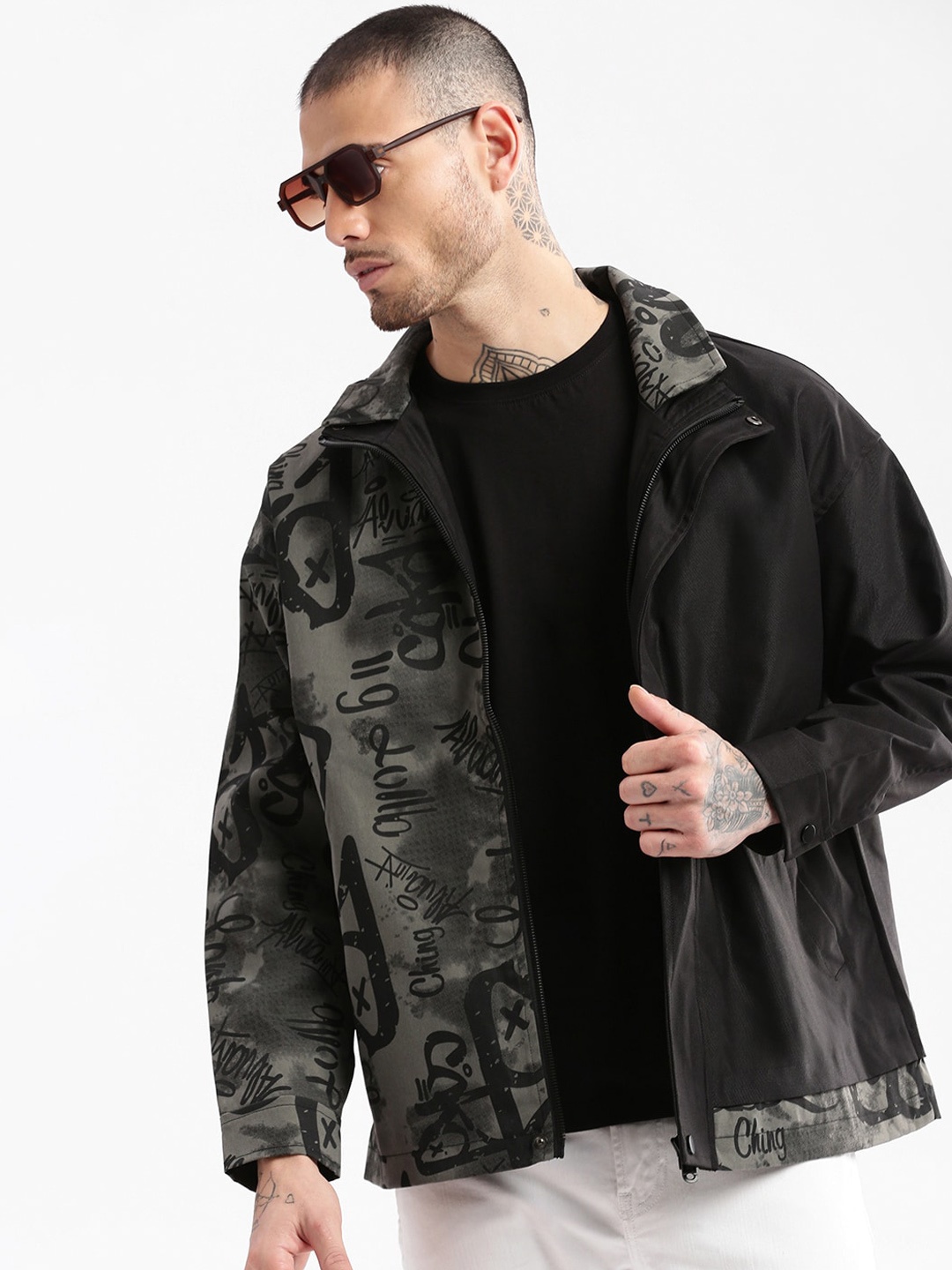 

SHOWOFF Typography Printed Windcheater Cotton Oversized Tailored Jacket, Black