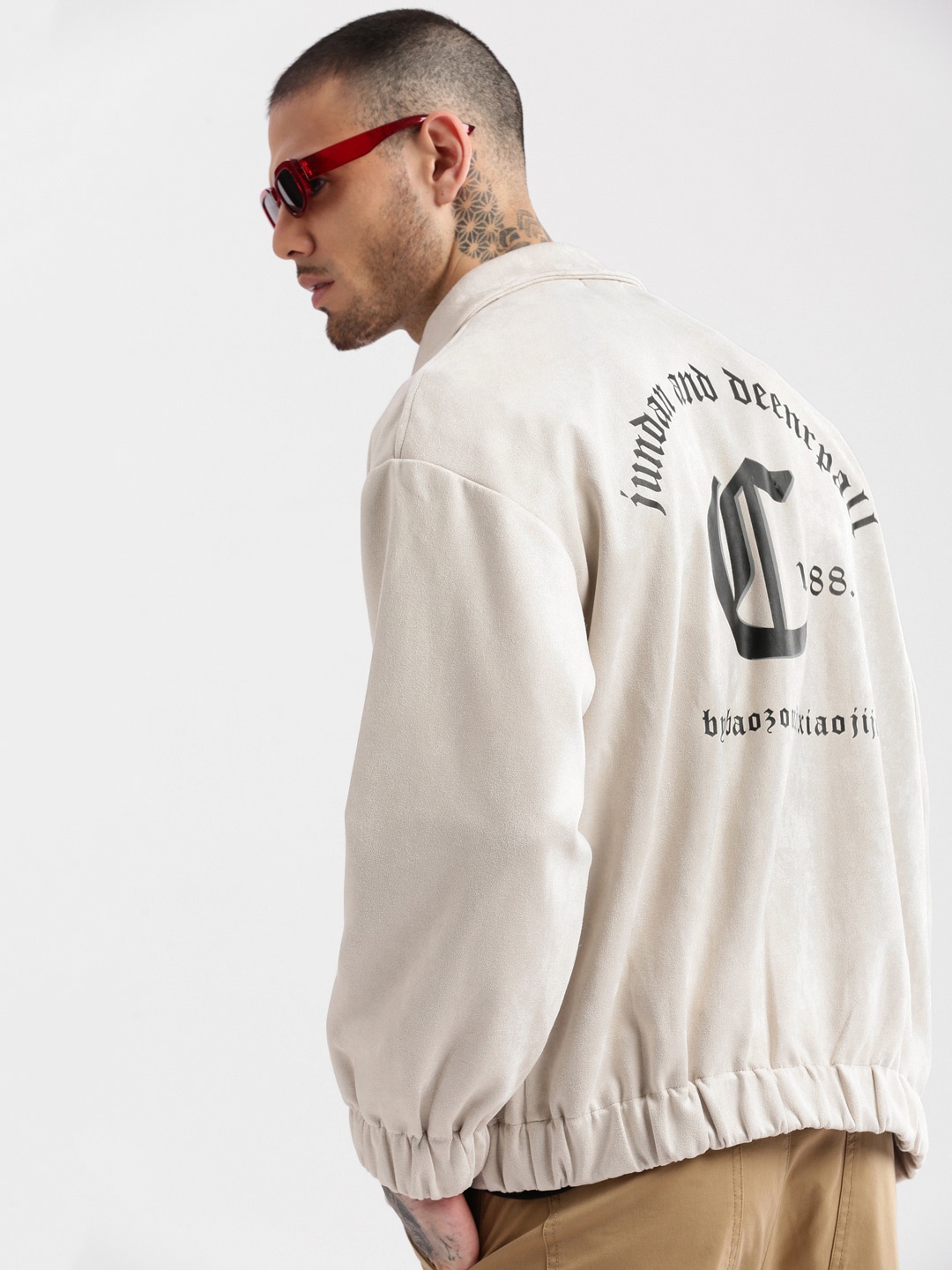 

SHOWOFF Suede Windcheater Oversized Bomber Jacket, Cream