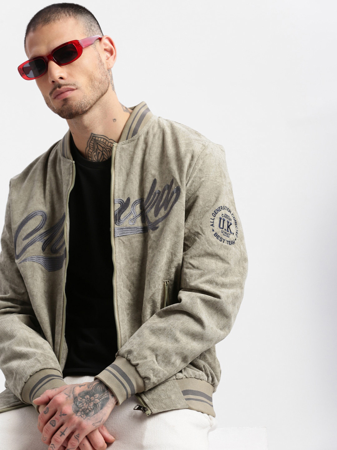 

SHOWOFF Typography Printed Stand Collar Windcheater Fleece Bomber Jacket, Green