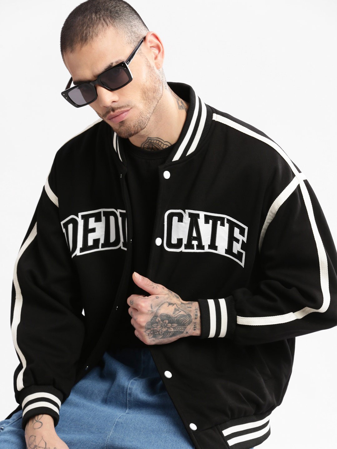 

SHOWOFF Windcheater Mandarin Collar Varsity Oversized Bomber Jacket, Black