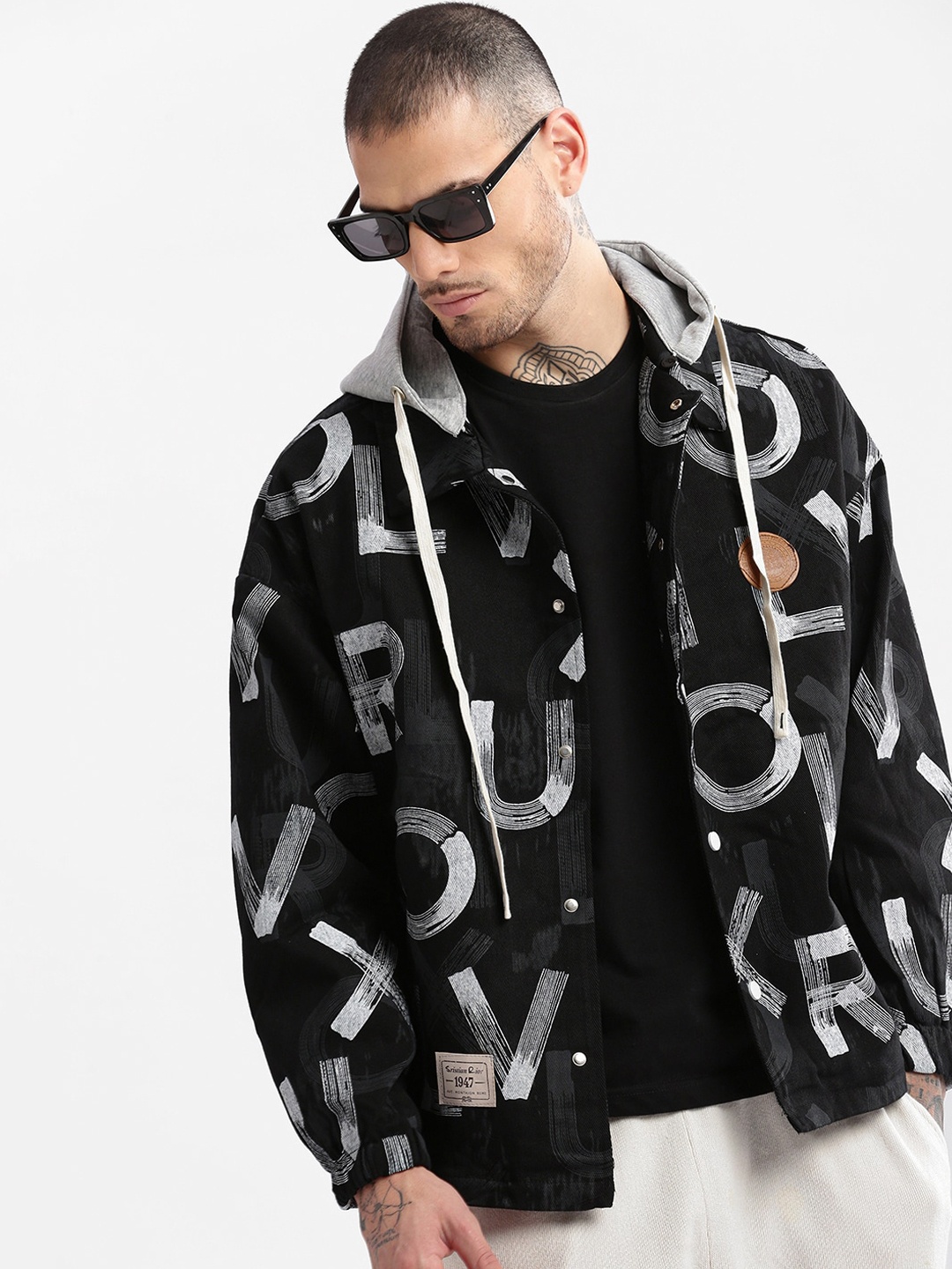 

SHOWOFF Typography Printed Hooded Windcheater Cotton Oversized Bomber Jacket, Black