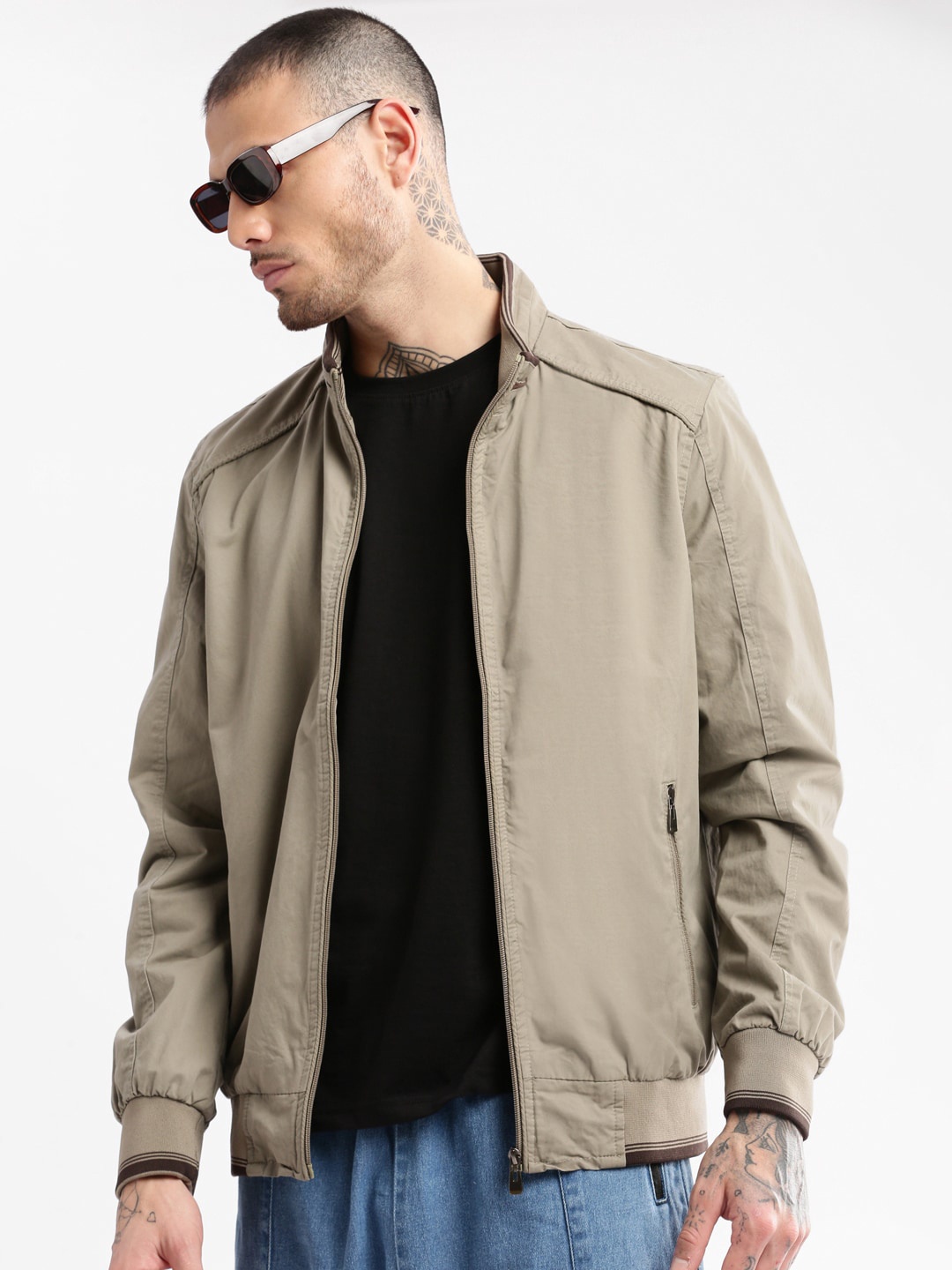 

SHOWOFF Mock Collar Windcheater Cotton Bomber Jacket, Beige