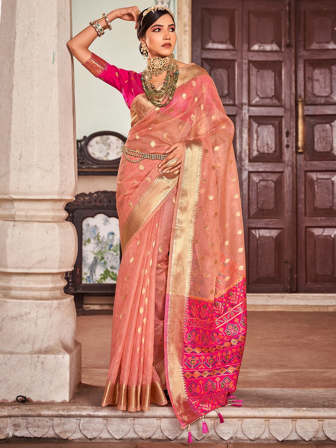 

Satrani Woven Design Zari Silk Cotton Banarasi Saree, Pink