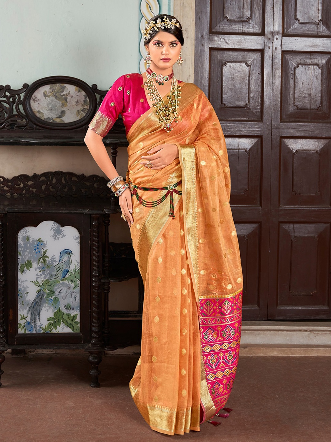 

Satrani Woven Design Zari Silk Cotton Banarasi Saree, Orange