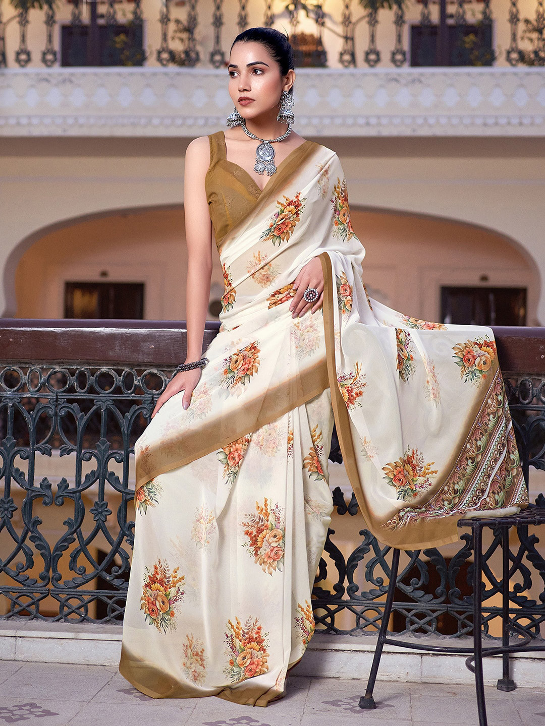 

Satrani Off White & Brown Floral Printed Saree