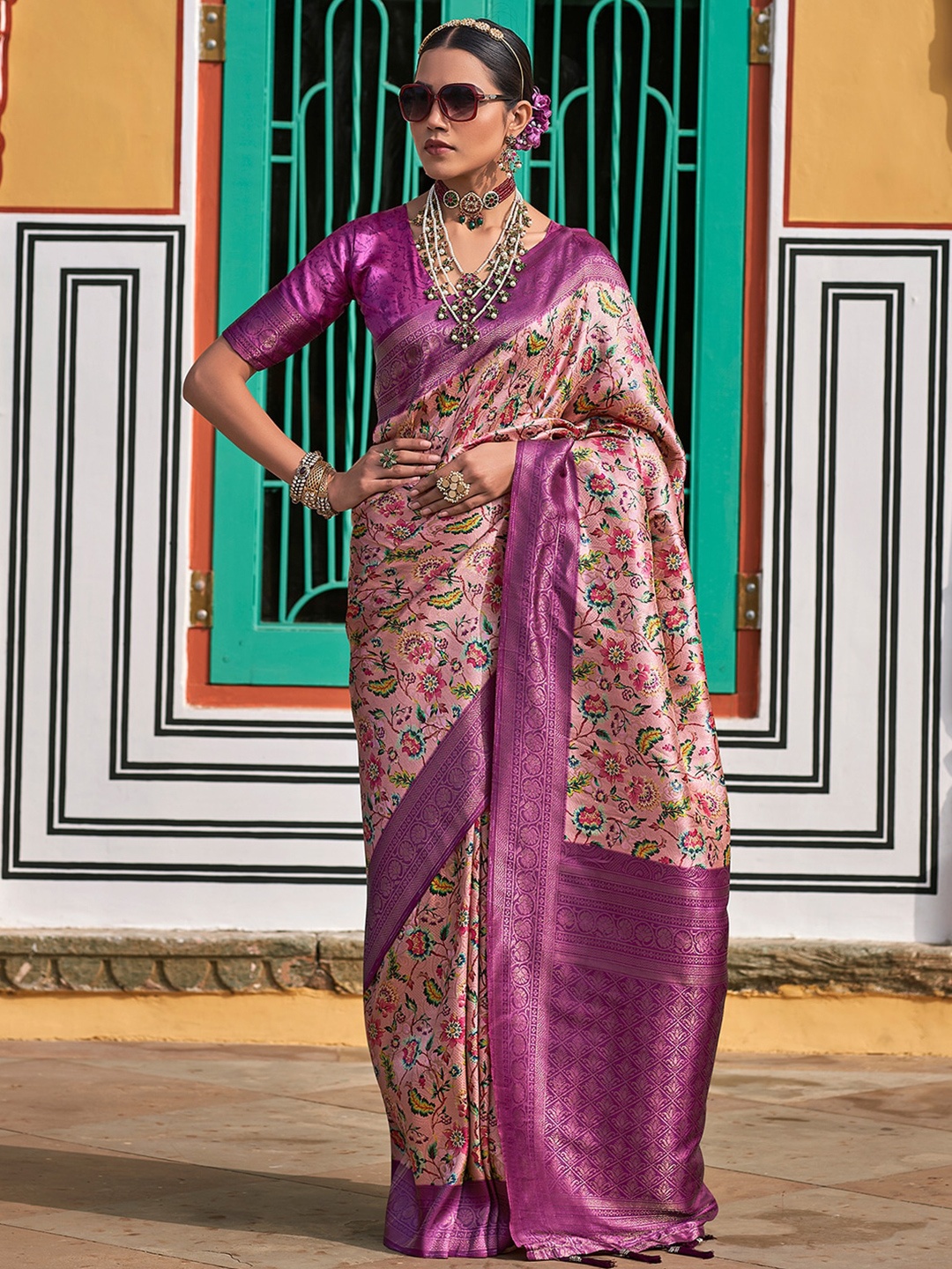 

Satrani Purple & Green Floral Printed Zari Sungudi Saree