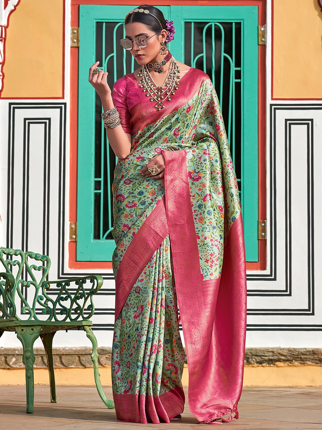 

Satrani Green & Red Floral Printed Zari Sungudi Saree