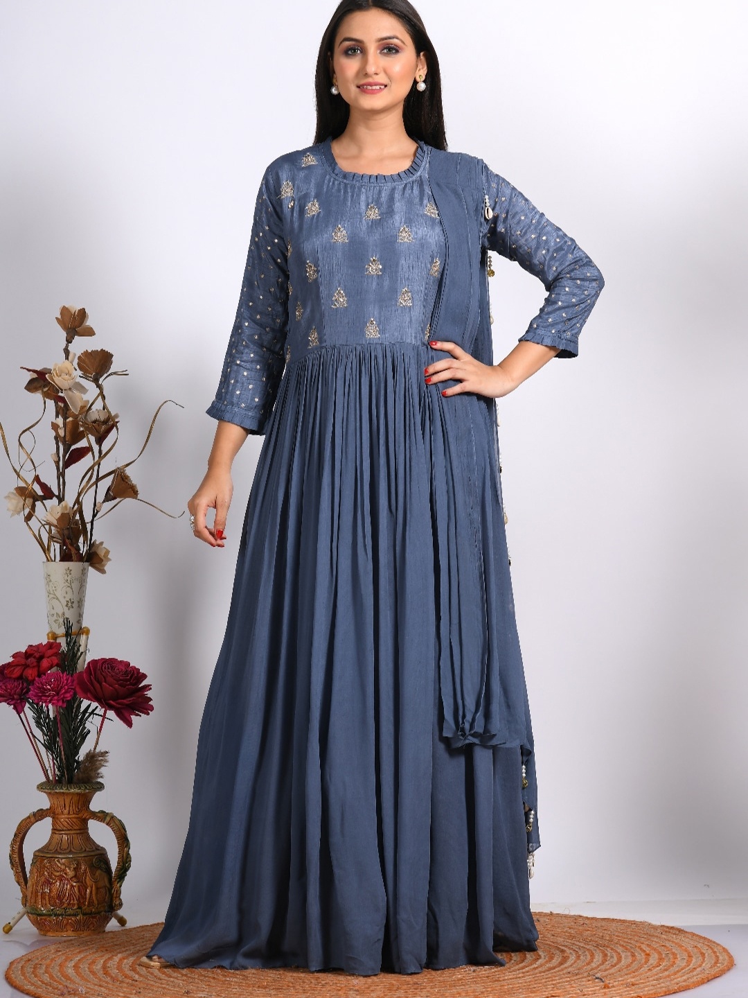 

Morchari Ethnic Motifs Embroidered Pure Georgette Maxi Dress With Dupatta, Grey