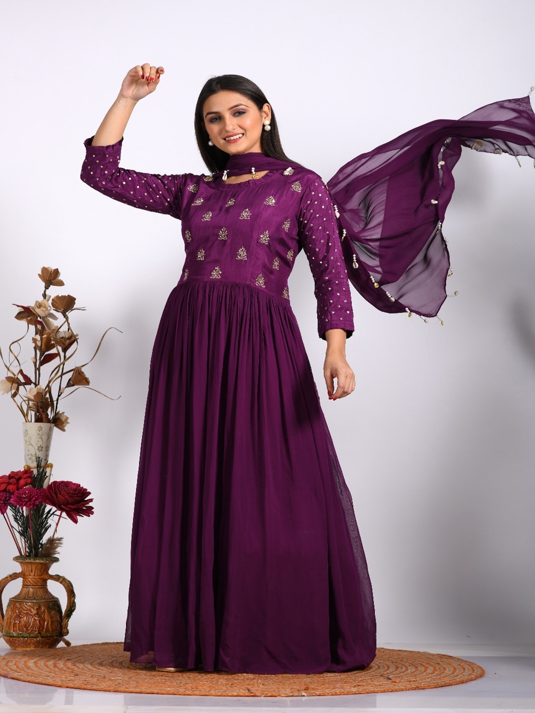 

Morchari Embroidered Fit & Flared Maxi Ethnic Dress With Dupatta, Purple
