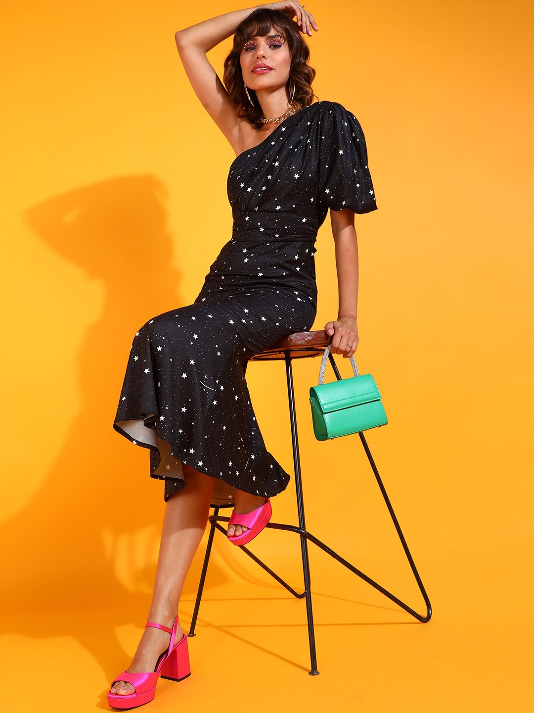 

PRETTY LOVING THING One Shoulder Polka Dot Print Flared Sleeve Fit & Flare Dress, Black