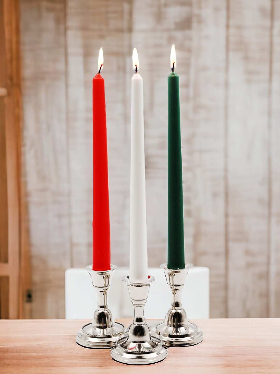 

HOSLEY 3 Pieces White & Green Taper Candles Republic Day Special Candles, Red