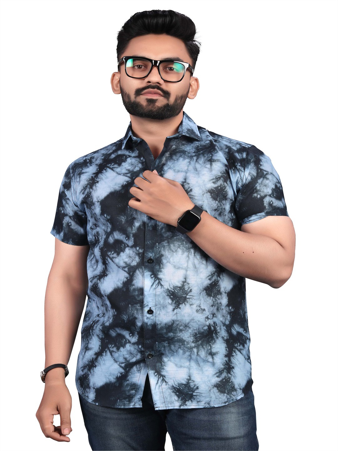 

Bought First Premium Abstract Printed Short Sleeves Organic Cotton Casual Shirt, Navy blue