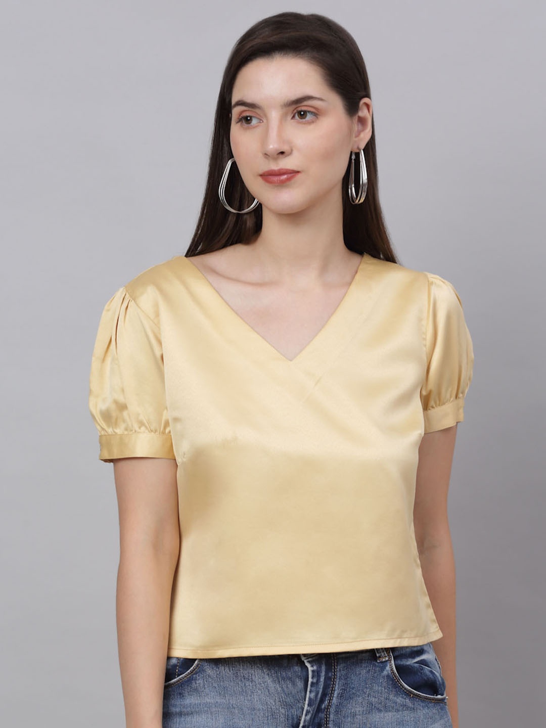 

NEUDIS V-Neck Puff Sleeves Opaque Casual Top, Gold