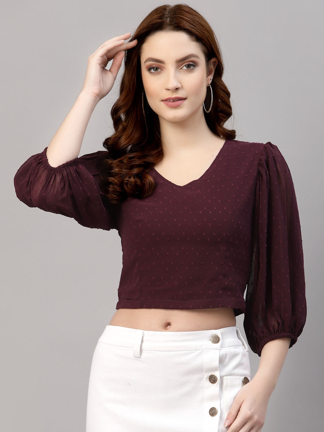 

NEUDIS V-Neck Regular Puff Sleeve Crop Opaque Casual Top, Maroon