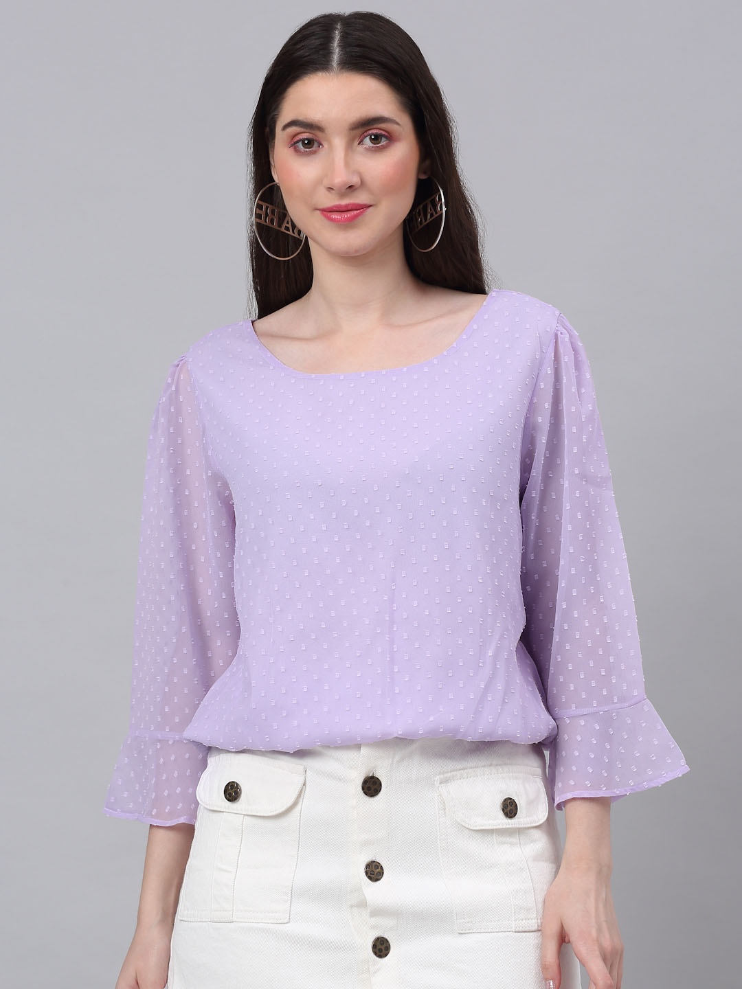 

NEUDIS Round Neck Regular Bell Sleeves Opaque Casual Top, Purple